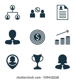 Set Of 9 Hr Icons. Includes Pin Employee, Phone Conference, Tree Structure And Other Symbols. Beautiful Design Elements.