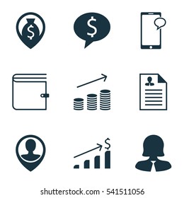 Set Of 9 Hr Icons. Includes Business Deal, Messaging, Wallet And Other Symbols. Beautiful Design Elements.