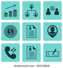 Set Of 9 Hr Icons. Includes Tree Structure, Curriculum Vitae, Coins Growth And Other Symbols. Beautiful Design Elements.