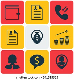 Set Of 9 Hr Icons. Includes Wallet, Pin Employee, Cellular Data And Other Symbols. Beautiful Design Elements.