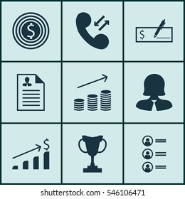 Set Of 9 Hr Icons. Includes Coins Growth, Tournament, Cellular Data And Other Symbols. Beautiful Design Elements.