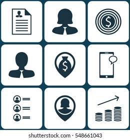 Set Of 9 Hr Icons. Includes Business Goal, Coins Growth, Messaging And Other Symbols. Beautiful Design Elements.