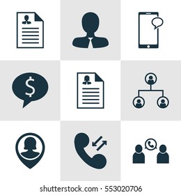 Set Of 9 Hr Icons. Includes Cellular Data, Curriculum Vitae, Business Deal And Other Symbols. Beautiful Design Elements.