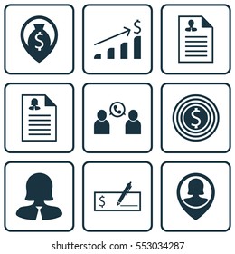 Set Of 9 Hr Icons. Includes Bank Payment, Money Navigation, Female Application And Other Symbols. Beautiful Design Elements.