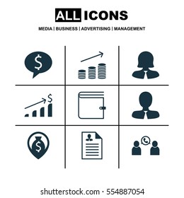 Set Of 9 Hr Icons. Includes Business Woman, Money Navigation, Manager And Other Symbols. Beautiful Design Elements.