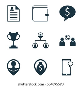 Set Of 9 Hr Icons. Includes Money Navigation, Messaging, Phone Conference And Other Symbols. Beautiful Design Elements.