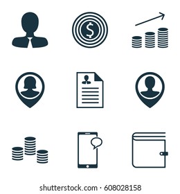 Set Of 9 Hr Icons. Includes Coins Growth, Wallet, Money And Other Symbols. Beautiful Design Elements.