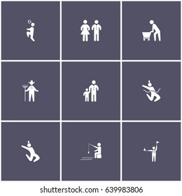 set of 9 human elements such as football, farmer, fisher, winning the race and other icons