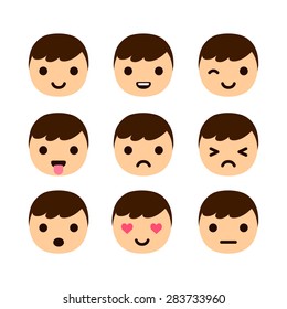 Set of 9 human emoticons. Very simple but expressive cartoon male faces. Modern flat vector style.