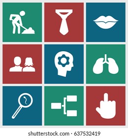 set of 9 human filled icons such as man and woman, tie, digging man, middle finger, lungs, love, search sperm, structure