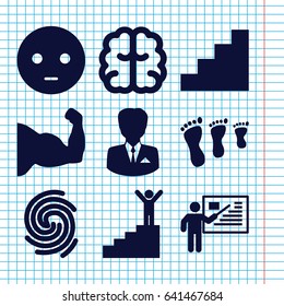 Set of 9 human filled icons such as brain, sad emot, stair, finger print, businessman, teacher, man on stairs, family footprint