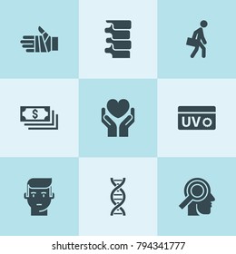 Set of 9 human filled icons such as money, health insurance, man, dna, medical examination of head, spine, bandaged hand, man with briefcase