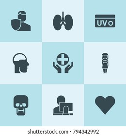 Set of 9 human filled icons such as user and computer, insurance, woman, medical care, brain in head, skull, kidney, heart