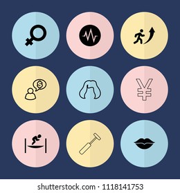 Set of 9 human filled and outline icons such as female, love, man going up, hairstyle, man thinking about money, heartbeat, trampoline, yuan
