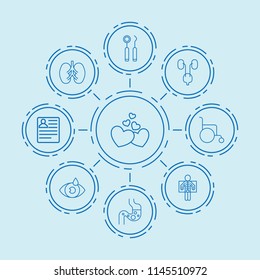 Set of 9 human outline icons such as cv, heart, wheelchair, eye drop, dentist tools, intestine, x ray, kidney