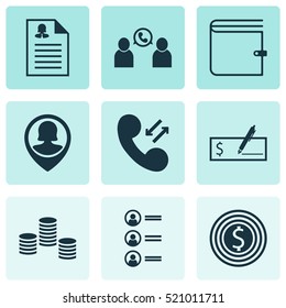 Set Of 9 Human Resources Icons. Can Be Used For Web, Mobile, UI And Infographic Design. Includes Elements Such As Female, Coins, User And More.