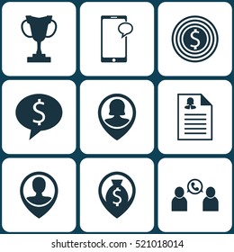 Set Of 9 Human Resources Icons. Can Be Used For Web, Mobile, UI And Infographic Design. Includes Elements Such As Female, Money, Trophy And More.