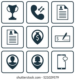 Set Of 9 Human Resources Icons. Can Be Used For Web, Mobile, UI And Infographic Design. Includes Elements Such As Cash, Map, Prize And More.