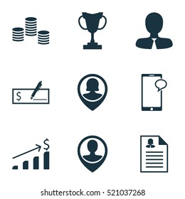 Set Of 9 Human Resources Icons. Can Be Used For Web, Mobile, UI And Infographic Design. Includes Elements Such As Increase, Trophy, Resume And More.