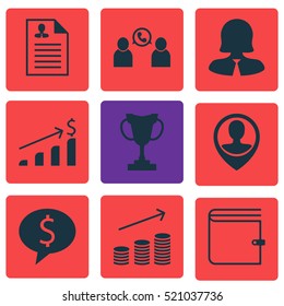 Set Of 9 Human Resources Icons. Can Be Used For Web, Mobile, UI And Infographic Design. Includes Elements Such As Female, Wallet, Growth And More.