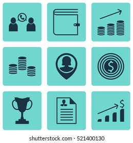 Set Of 9 Human Resources Icons. Can Be Used For Web, Mobile, UI And Infographic Design. Includes Elements Such As Coins, Male, Success And More.
