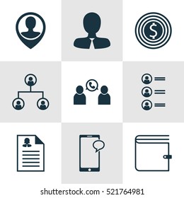 Set Of 9 Human Resources Icons. Can Be Used For Web, Mobile, UI And Infographic Design. Includes Elements Such As Female, Employee, Phone And More.