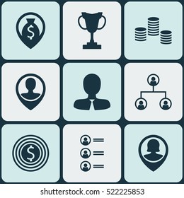 Set Of 9 Human Resources Icons. Can Be Used For Web, Mobile, UI And Infographic Design. Includes Elements Such As Job, Cup, Money And More.
