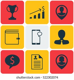 Set Of 9 Human Resources Icons. Can Be Used For Web, Mobile, UI And Infographic Design. Includes Elements Such As Purse, User, Career And More.