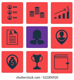 Set Of 9 Human Resources Icons. Can Be Used For Web, Mobile, UI And Infographic Design. Includes Elements Such As Coins, Applicants, Pin And More.