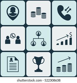 Set Of 9 Human Resources Icons. Can Be Used For Web, Mobile, UI And Infographic Design. Includes Elements Such As Phone, Dollar, Conference And More.