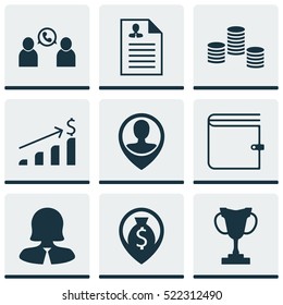 Set Of 9 Human Resources Icons. Can Be Used For Web, Mobile, UI And Infographic Design. Includes Elements Such As Prize, User, Cup And More.