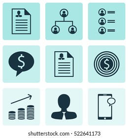 Set Of 9 Human Resources Icons. Can Be Used For Web, Mobile, UI And Infographic Design. Includes Elements Such As Male, Employee, Success And More.