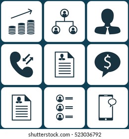Set Of 9 Human Resources Icons. Can Be Used For Web, Mobile, UI And Infographic Design. Includes Elements Such As Money, Male, Chat And More.