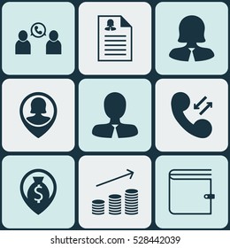 Set Of 9 Human Resources Icons. Can Be Used For Web, Mobile, UI And Infographic Design. Includes Elements Such As Money Navigation, Female Application, Manager And More.
