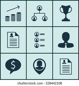 Set Of 9 Human Resources Icons. Can Be Used For Web, Mobile, UI And Infographic Design. Includes Elements Such As Manager, Pin Employee, Tree Structure And More.