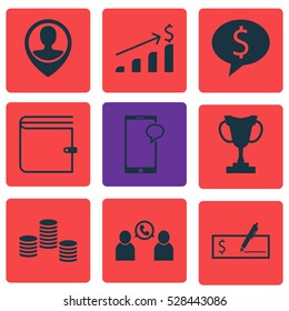 Set Of 9 Human Resources Icons. Can Be Used For Web, Mobile, UI And Infographic Design. Includes Elements Such As Messaging, Money, Phone Conference And More.
