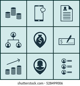 Set Of 9 Human Resources Icons. Can Be Used For Web, Mobile, UI And Infographic Design. Includes Elements Such As Tree Structure, Money Navigation, Pin Employee And More.
