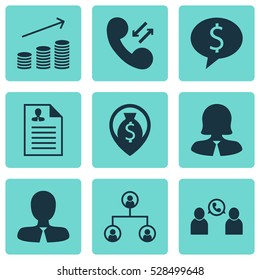 Set Of 9 Human Resources Icons. Can Be Used For Web, Mobile, UI And Infographic Design. Includes Elements Such As Money Navigation, Tree Structure, Business Deal And More.