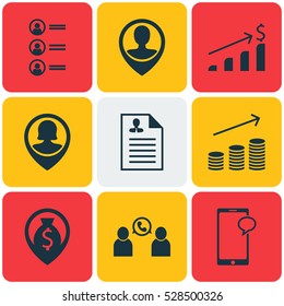 Set Of 9 Human Resources Icons. Can Be Used For Web, Mobile, UI And Infographic Design. Includes Elements Such As Employee Location, Money Navigation, Coins Growth And More.