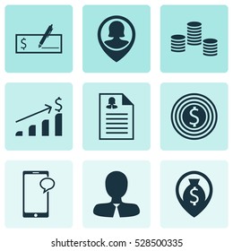 Set Of 9 Human Resources Icons. Can Be Used For Web, Mobile, UI And Infographic Design. Includes Elements Such As Messaging, Business Goal, Money Navigation And More.