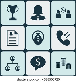 Set Of 9 Human Resources Icons. Can Be Used For Web, Mobile, UI And Infographic Design. Includes Elements Such As Business Woman, Money Navigation, Tournament And More.