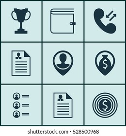 Set Of 9 Human Resources Icons. Can Be Used For Web, Mobile, UI And Infographic Design. Includes Elements Such As Employee Location, Wallet, Curriculum Vitae And More.