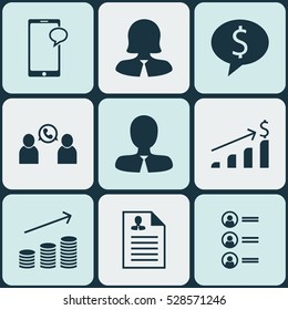 Set Of 9 Human Resources Icons. Can Be Used For Web, Mobile, UI And Infographic Design. Includes Elements Such As Phone Conference, Successful Investment, Business Deal And More.