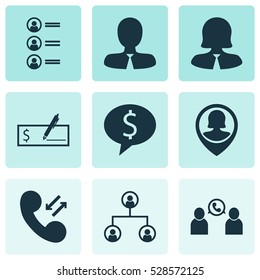 Set Of 9 Human Resources Icons. Can Be Used For Web, Mobile, UI And Infographic Design. Includes Elements Such As Manager, Tree Structure, Job Applicants And More.
