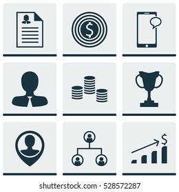 Set Of 9 Human Resources Icons. Can Be Used For Web, Mobile, UI And Infographic Design. Includes Elements Such As Money, Messaging, Business Goal And More.