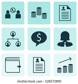 Set Of 9 Human Resources Icons. Can Be Used For Web, Mobile, UI And Infographic Design. Includes Elements Such As Business Deal, Coins Growth, Tree Structure And More.