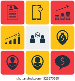 Set Of 9 Human Resources Icons. Can Be Used For Web, Mobile, UI And Infographic Design. Includes Elements Such As Coins Growth, Money Navigation, Pin Employee And More.