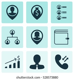 Set Of 9 Human Resources Icons. Can Be Used For Web, Mobile, UI And Infographic Design. Includes Elements Such As Manager, Employee Location, Wallet And More.