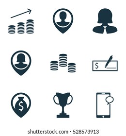 Set Of 9 Human Resources Icons. Can Be Used For Web, Mobile, UI And Infographic Design. Includes Elements Such As Coins Growth, Business Woman, Tournament And More.