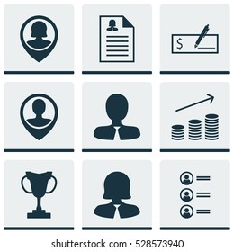 Set Of 9 Human Resources Icons. Can Be Used For Web, Mobile, UI And Infographic Design. Includes Elements Such As Business Woman, Female Application, Pin Employee And More.